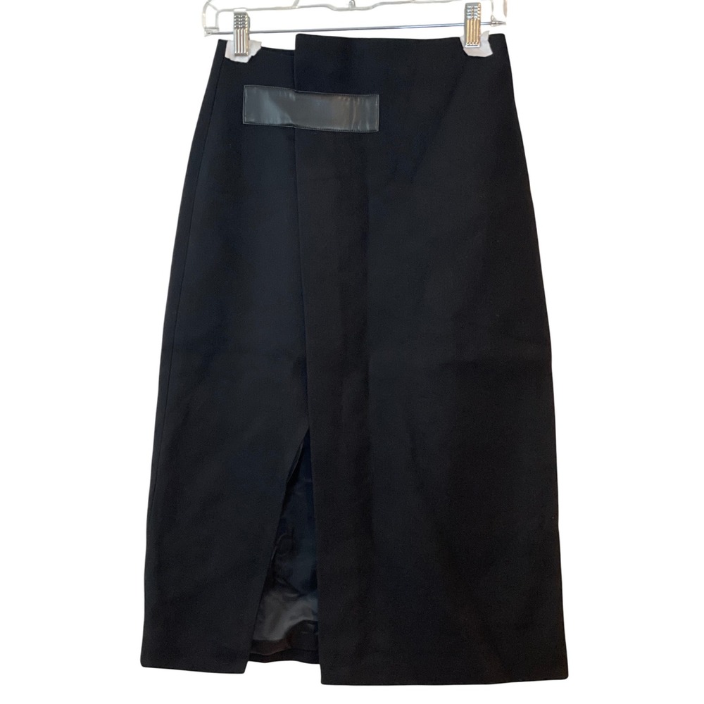 New COMMENSE Black Faux Leather Detail Wrap Midi‎ Skirt XS